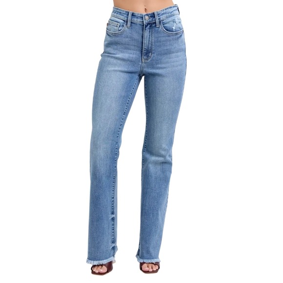 Judy Blue DANA High Waist Flare Jeans Distressed Frayed Hem Size 5 27